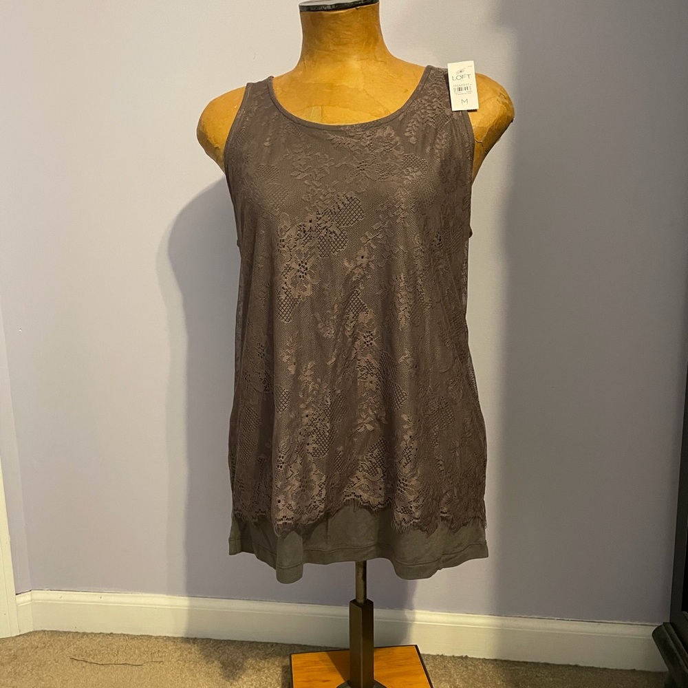 NWT LOFT 2 Layer Grey Lace Sleeveless Top
